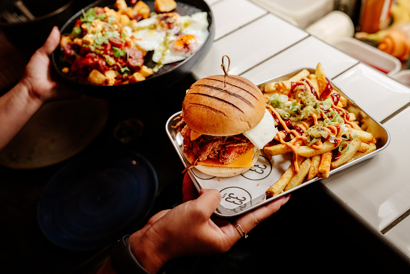 BBQ brioche bun and chorizo hash at 33 Exchange Street, Norwich