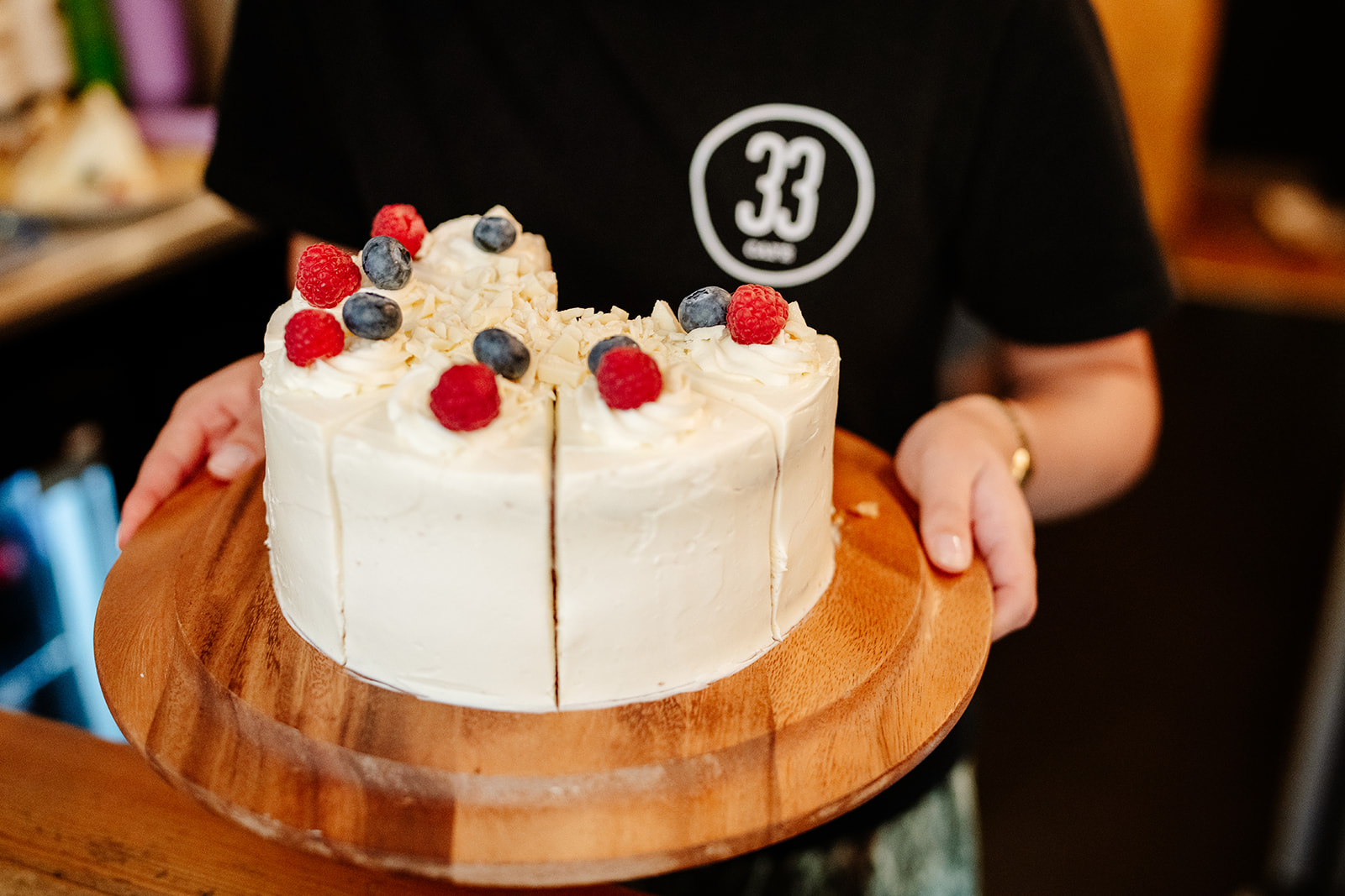 Vanilla, white chocolate and berry cake from the No33 kitchen